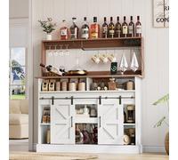 phosir Bar à café 120 x 40 x 130 cm - Buffet style maison de campagne avec porte-verres et prises (2 x AC, 2 x USB), portes coulissantes, armoire de cuisine polyvalente pour salon, cuisine