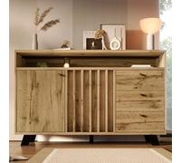 phosir Buffet 120 x 40 x 85 cm avec 3 tiroirs et 2 portes - Commode, meuble haut avec façade à lamelles et compartiment ouvert, style vintage chêne foncé, pour salon, salle à manger, couloir