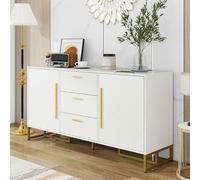 phosir Buffet à chevrons et 3 tiroirs - Commode, Highboard, Armoire de rangement blanche avec 2 portes et poignées dorées, pour salon, salle à manger, cuisine