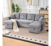 phosir Canapé d'angle en forme de U avec fonction couchage et coffre de lit, 266 cm de large, grand canapé avec espace de rangement, canapé-lit confortable avec housse en chenille, gris, pour salon et