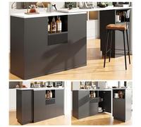 phosir Ilot de cuisine rotatif à 360° - 210 x 30 cm - Aspect marbre - Noir | Au choix en forme de L ou en ligne droite, avec étagères ouvertes, comptoir de bar flexible pour cuisine et salon
