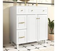 phosir Meuble de lavabo blanc 80 x 47 x 90 cm avec lavabo en céramique, 2 portes, 3 tiroirs, barre en verre, ensemble de meubles de salle de bain