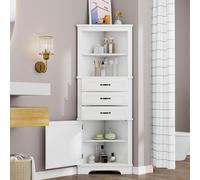 phosir Meuble de lavabo d'angle 57,7 x 46 x 167,5 cm, blanc, 3 tiroirs, compartiments ouverts, étagères réglables, laqué résistant à l'humidité, pour petites salles de bains et WC d'invités