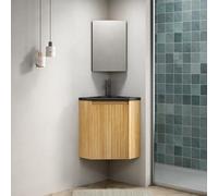 phosir Meuble de lavabo d'angle suspendu 38 cm, triangulaire, avec bac en résine noire mate, 1 porte avec amortisseur, en bois naturel, pour petite salle de bain et WC d'invités