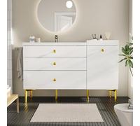 phosir Meuble de lavabo de 120 cm de large, lavabo en céramique, blanc avec or, 2 tiroirs à gauche, double tiroirs et armoire à droite, meuble de salle de bain moderne, 120 x 47 x 80 cm