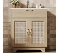 phosir Meuble de lavabo naturel avec bac en céramique et rotin, compartiment pliant, double porte SoftClose, pieds hauts, armoire de salle de bain Boho, 76 x 46 x 88 cm