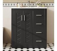 phosir Meuble sous lavabo autoportant, 76 cm, noir, lavabo en céramique, 3 tiroirs, portes doubles, fermeture douce, résistant à l'humidité et laqué, pour toilettes d'invités et petites salles de