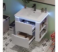 phosir Meuble sous lavabo suspendu 61 cm avec capteur radar LED et lavabo en céramique, 2 tiroirs à fermeture douce, peinture entièrement imperméable pour toilettes d'invités et salle de bain