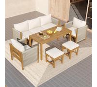 phosir Salon de jardin 7 personnes en bois d'acacia massif avec table à manger et cordes tressées à la main, salon moderne résistant aux intempéries pour jardin, terrasse, balcon, beige