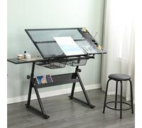 phosir Table à dessin noire avec plateau en verre et chaise - Réglable en hauteur - Inclinable de 0 à 75° - 2 tiroirs en métal - Barre de rangement - Table de travail pour bureau à domicile et l'école