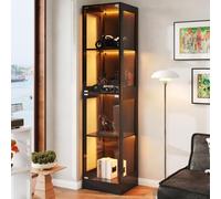 phosir Vitrine en verre à 4 étages avec éclairage LED et portes en verre, vitrine de collection pour salon, bureau, salle de jeux, noire, avec étagères réglables, taille compacte (40 x 35 x 170 cm)
