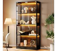 phosir Vitrine en verre à 4 étages avec éclairage LED et portes en verre, vitrine de collection pour salon, bureau, salle de jeux, noire, avec étagères réglables, taille compacte (80 x 35 x 170 cm)