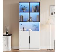 phosir Vitrine LED Blanche 80 x 30 x 200 cm, Armoire vitrine Haute avec Portes en Verre, bibliothèque de Rangement pour Collection et Salon