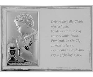 Photo souvenir de première communion, argentée, avec gravure pour garçon | Dimensions : 18 x 13 cm | Couleur : blanc | Numéro d'article : VL820/4BI/S