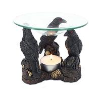 Photophore, brûleur à huile gothique pour bougie avec trois piliers gothiques en forme de corbeaux en résine, avec décorations en forme de têtes de mort ; compatible avec les bougies Yankee Candle