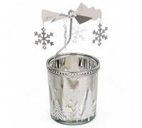 Photophore rotatif en forme de carrousel de Noël - En métal - Mini pyramide - 12 cm - Argenté - Verre votif et flocon de neige