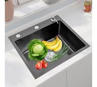 PHOYUXM Évier de cuisine encastrable en acier inoxydable noir 50 x 45 cm avec vidage, distributeur de savon, insonorisation et écoulement d'eau goutte à goutte, pour montage encastré et montage en