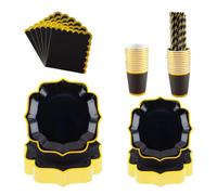 PHUNAT Lot d'assiettes en carton vintage noires avec bords festonnés dorés | Assiettes en papier, serviettes, gobelets et pailles - Vaisselle en papier de style britannique classique pour la Toussaint