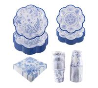 PHUNAT Service de table vintage pour 30 invités - Assiettes, serviettes et tasses en carton festonné bleu et blanc - Vaisselle élégante pour le thé de l'après-midi, les anniversaires, les fêtes