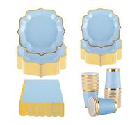PHUNAT Service de table vintage pour 30 invités, bleu avec assiettes en carton, serviettes et verres en feuille d'or, vaisselle en carton de style britannique classique pour jardin, thé de