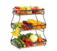Piashow Présentoir à fruits à 3 étages avec 2 porte-bananes, en métal, amovible, noir, pour fruits, pain, légumes, collations, rangement pour la cuisine