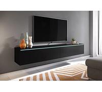 PIASKI - Lowboard D, Meuble TV suspendu 180 cm, noir mat, éclairage LED en option (sans éclairage LED)