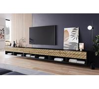 PIASKI Meuble TV 300 cm, éclairage LED inclus, grand meuble TV, plusieurs couleurs (noir/chevron)