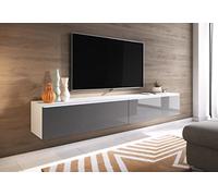 PIASKI Meuble TV Lowboard D 140/180 cm, meuble TV, meuble TV flottant, blanc gris, éclairage LED en option (sans éclairage LED, 180 cm)
