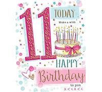 Piccadilly Greetings Group Ltd Carte d'anniversaire pour fille de 11 ans Wonderful 11 Today - Gâteau d'anniversaire, 20,3 x 15,2 cm, rose