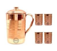 Pichet en cuivre fait main avec 4 verres pour l'eau potable, touche argentée, pour les bienfaits de l'Ayurveda, pichet traditionnel en cuivre pour boire, 1,5 litre, 50,7 oz