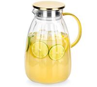 Pichet en verre avec couvercle - Vilde - 2,2 l - 17x13x22,5 cm - Verre transparent - Poignée jaune - Couvercle inox doré