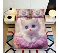 Pièce de décoration Chambre Microfiber à Toucher dou, Housse de Matelas Chat Blanc Adorable, 3D Printed Bed Cover, Gift Bedding Set, Anti-poussière, Entretien Facile 180x200x25cm