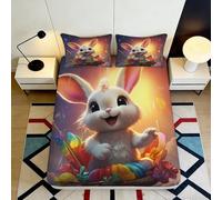 Pièce décorative Drap Housse imprimé 3D Lapin de Pâques Microfibre Bed Sheet Facile à Entretenir Set Cadeau Chambre d’invité 160x200x25cm