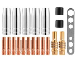 Pièces d'usure pour machine de soudage MIG/MAG MB15 | Fil de 0,8 mm de diamètre | 20 pièces | 5 buses à gaz | 2 embouts | 10 buses de courant M6 0,8 mm | 2 isolateurs | 1 outil