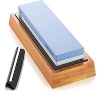 Pierre à aiguiser pour couteaux, grain 1000/6000, pierre à eau - Aiguiseur de couteaux avec socle en bambou - Surface antidérapante et guide d'angle