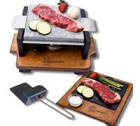 Pierre volcanique à rôtir de viande personnalisée 20 x 20 cm avec deux brûleurs, assiette en ardoise de présentation personnalisée et levant spécial en acier inoxydable cadeau de Noël