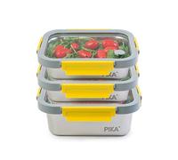 Pika - Lot de 3 boites alimentaires en inox et couvercle en verre trempé - 2x 820ml + 1200ml - Compatible micro-ondes - MetalShock