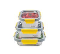 Pika - Lot de 3 boites alimentaires en inox et couvercle en verre trempé - 600ml + 800ml + 820ml - Compatible micro-ondes - MetalShock