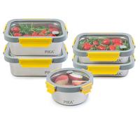 Pika - Lot de 5 boites alimentaires en inox et couvercle en verre trempé - Ronde : 650ml - Rectangle : 2x 820ml + 2x1200ml - Compatible micro-ondes - MetalShock