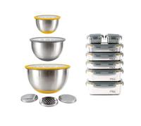 Pika | Lot de 7 Boîtes Alimentaires Inox + 3 Bols Inox Couvercles Verre | Râpes intégrées, Hermétique, Préparation, Conservation, Batch cooking