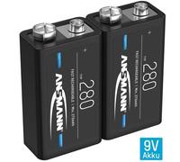 ANSMANN Piles 6F22 9V 280 mAh NiMH rechargeables (Lot de 2) - Bloc alimentation 9V à faible autodécharge et haute capacité - Piles 9V idéales pour pédale de guitare, microphone, télécommande, etc.
