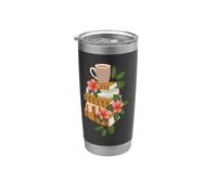Pile de livres avec tasse et fleurs Gobelet isotherme en acier inoxydable double paroi