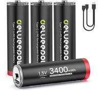Pile Rechargeable AA 1,5V Lithium 3400mWh de Haute capacité,Pile AA Rechargeable USB C 4 Piles 1500 Cycle