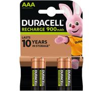 DURACELL Lot de 4 piles AAA rechargeables, 900 mAh, NiMH, pré-chargées