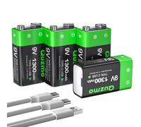 Piles 9V Rechargeables, 1300mAh Lithium-ION 9 Volt Piles Carrées Recharge USB-C avec câble de Chargement 2 en 1 pour Détecteurs de Fumée, Multimètres, Lot de 4