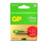 GP Batteries Ultra Alkaline GP24AU - Pile AAA Alcaline 1.5V - Lot de 8, Facteur de forme Cylindrique, Dimensions 44.5x1.05cm, Température -18°C à 50°C, Certification IEC 60086-2