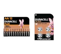 Piles alcalines Duracell Plus AA Mignon, 1,5 V LR6 MN1500 et Pile Bouton au Lithium spécialisée 2025 3 V, Paquet de 4