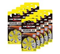 Piles pour appareils auditifs Ansmann, 10 Zinc Air 1,4 V 5013223, appareils auditifs, piles bouton ; longue durée 10 lots de 6 pièces (60 pièces) Größe 10 jaune