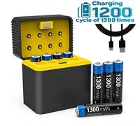 Piles rechargeables AA au lithium, lot de 8 piles AAA au lithium de 1,5 V avec chargeur, plus de 1 200 cycles et une capacité réelle élevée de 1 300 mAh. Piles rechargeables AA au lithium-ion