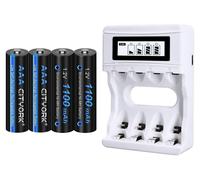 Piles rechargeables de type NiMH, capacité de 1 100 mAh, 4 piles AAA et 1 chargeur